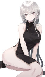 Rule 34 | 1girl, absurdres, ass, bad id, bad pixiv id, bare arms, bare shoulders, black dress, breasts, brown eyes, china dress, chinese clothes, closed mouth, commentary request, dress, ear piercing, eyebrows hidden by hair, grey hair, hair between eyes, highres, large breasts, long hair, looking at viewer, ogami ren, original, panties, piercing, simple background, sleeveless, sleeveless dress, solo, underwear, very long hair, white background, white panties
