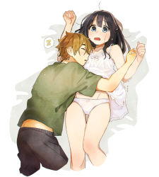 Rule 34 | 1boy, 1girl, arms up, artist name, assisted exposure, black hair, black shorts, blue eyes, bow, bow panties, brown hair, clenched hands, closed mouth, clothes lift, commentary, cropped legs, dated, dress, dress lift, embarrassed, frown, green shirt, groin, hetero, highres, kitashirakawa tamako, lace, lace-trimmed panties, lace trim, legs, lifting another&#039;s clothes, long hair, looking at viewer, lying, messy hair, momose (oqo), on back, on person, on stomach, ooji mochizou, open mouth, panties, shirt, short dress, shorts, signature, sleeping, spaghetti strap, spoken zzz, sundress, tamako market, thigh gap, underwear, white dress, white panties, wide-eyed, zzz