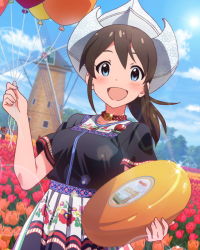 Rule 34 | 10s, 1girl, :d, balloon, blue eyes, blurry, blush, breasts, brown hair, cheese, cheese wheel, choker, cloud, depth of field, dutch angle, dutch cap, dutch text, flower, food, happy, hat, idolmaster, idolmaster million live!, jewelry, lens flare, looking at viewer, medium breasts, necklace, netherlands, official art, open mouth, outdoors, ponytail, rose, satake minako, short sleeves, sky, smile, solo, traditional clothes, translated, tree, tulip, windmill