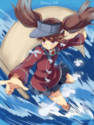 Rule 34 | 10s, 1girl, brown hair, furrowed brow, grin, highres, kantai collection, maruki (punchiki), onmyouji, pointing, ryuujou (kancolle), scroll, shikigami, smile, solo, twintails, twitter username, water