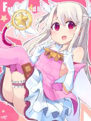Rule 34 | 1girl, :d, ascot, ass, collarbone, commentary request, detached sleeves, earrings, fate/kaleid liner prisma illya, fate (series), gloves, hair ornament, highres, illyasviel von einzbern, jewelry, long hair, looking at viewer, magical girl, magical ruby, okota mikan, open mouth, prisma illya, red eyes, silver hair, smile, solo, thighhighs, wand, white gloves, zettai ryouiki