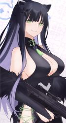 Rule 34 | 1girl, animal ears, black dress, blue archive, breasts, chinese clothes, closed mouth, detached sleeves, dress, green eyes, gun, halo, highres, large breasts, long hair, looking at viewer, shun (blue archive), sleeveless, sleeveless dress, smile, solo, weapon, yun (kbdenz9)