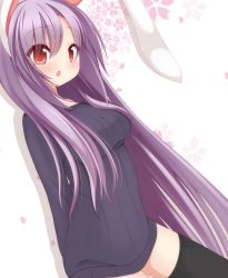 Rule 34 | 1girl, animal ears, arms behind back, bad id, bad pixiv id, black thighhighs, blush, breasts, chimunge, female focus, highres, large breasts, long hair, long sleeves, looking at viewer, naked sweater, open mouth, purple hair, rabbit ears, red eyes, reisen udongein inaba, solo, sweater, thighhighs, touhou, very long hair, zettai ryouiki