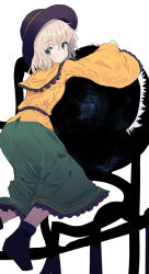 Rule 34 | 1girl, :/, ass, black socks, blonde hair, blue eyes, blush, bobby socks, breasts, closed mouth, foot out of frame, frilled shirt collar, frills, from behind, green skirt, hair between eyes, hat, highres, komeiji koishi, long sleeves, looking at viewer, looking back, mieharu, shirt, simple background, skirt, small breasts, socks, solo, third eye, touhou, white background, wide sleeves, yellow shirt