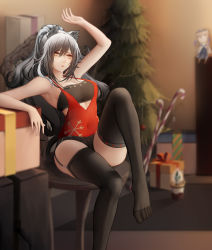 Rule 34 | 1girl, animal ears, arknights, arm up, bandeau, bare arms, bare shoulders, black shorts, black thighhighs, blurry, blurry background, box, breasts, brown eyes, cat ears, ceylon (arknights), chair, character doll, christmas tree, commentary request, feet out of frame, garter straps, gift, gift box, hair between eyes, highres, indoors, long hair, medium breasts, micro shorts, no shoes, official alternate costume, schwarz (arknights), schwarz (presents) (arknights), shorts, silver hair, sitting, solo, strapless, thighhighs, thighs, tube top, zhi wozi