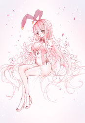 Rule 34 | 1girl, animal ears, bare shoulders, blush, braid, breasts, cleavage, commentary request, crossed legs, fake animal ears, floral background, flower, full body, green eyes, hair flower, hair ornament, hand up, high heels, highres, leotard, long hair, medium breasts, nose blush, original, parted lips, pink footwear, pink hair, pink leotard, playboy bunny, rabbit ears, shoes, sitting, solo, strapless, strapless leotard, tandohark, thighhighs, very long hair, white flower, white thighhighs