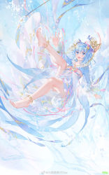 Rule 34 | 1girl, :d, anklet, atdan, blue eyes, blue hair, dress, feet, female focus, haiyi, jewelry, open mouth, smile, solo