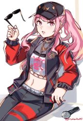 Rule 34 | 1girl, baseball cap, black hat, black jacket, black pants, black shirt, commentary, earrings, graysheartart, hand up, hat, highres, hololive, hololive english, hoop earrings, jacket, jewelry, long hair, long sleeves, looking at viewer, microphone, midriff, mori calliope, mori calliope (streetwear), multicolored clothes, multicolored jacket, nail polish, navel, necklace, open clothes, open jacket, open mouth, pants, pink eyes, pink hair, ponytail, red jacket, red nails, shirt, simple background, sitting, skull and crossbones, solo, sunglasses, twitter username, two-tone jacket, unworn eyewear, virtual youtuber, white background, white shirt
