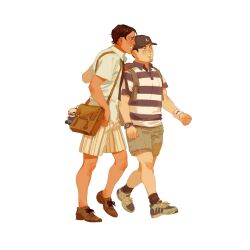 Rule 34 | 2boys, backpack, bag, baseball cap, brown bag, brown footwear, brown hair, brown headwear, brown shorts, brown socks, character doll, chengongzi123, collared shirt, contemporary, dark-skinned male, dark skin, facial hair, full body, goatee stubble, golden kamuy, green eyes, hand on another&#039;s shoulder, hand up, hat, highres, koito otonoshin, long hair, looking to the side, male focus, multiple boys, open mouth, satchel, shirt, shoes, short hair, short sleeves, shorts, simple background, sneakers, socks, striped clothes, striped shirt, striped shorts, stubble, tsukishima hajime, tsurumi tokushirou, very long hair, walking, watch, white background, wristwatch