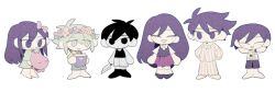 Rule 34 | 2girls, 4boys, antenna hair, arms at sides, arms behind head, aubrey (headspace) (omori), aubrey (omori), bare arms, barefoot, basil (headspace) (omori), basil (omori), black eyes, black hair, black socks, blush, book, bow, brother and sister, brothers, buttons, checkered clothes, checkered shirt, chibi, chibi only, closed eyes, closed mouth, collared shirt, colored skin, dress, flower, flower wreath, green dress, green eyes, green hair, green overalls, green shirt, hair behind ear, hair between eyes, hair bow, hands on own hips, head wreath, hero (headspace) (omori), hero (omori), higa423, highres, holding, holding book, holding knife, holding stuffed toy, kel (headspace) (omori), kel (omori), knife, long hair, long sleeves, looking at another, looking at viewer, mari (headspace) (omori), mari (omori), mr. plantegg (omori), multiple boys, multiple girls, no pupils, no shoes, omori, omori (omori), open mouth, orange flower, overall shorts, overalls, pajamas, pants, pigeon-toed, pink bow, purple eyes, purple flower, purple footwear, purple hair, purple pajamas, purple shorts, purple skirt, purple sweater vest, shirt, short hair, short sleeves, shorts, siblings, skirt, smile, socks, standing, striped clothes, striped pajamas, striped pants, striped shirt, striped shorts, stuffed eggplant, stuffed toy, sweater vest, vertical-striped clothes, vertical-striped pajamas, vertical-striped pants, vertical-striped shirt, vertical-striped shorts, white pajamas, white shirt, white shorts, white skin, white socks