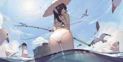 Rule 34 | 4girls, absurdres, ass, bikini, bird, black hair, black ribbon, blue archive, blue sky, bow, braid, commentary, commentary request, coral hair ornament, day, dutch angle, fishing rod, from behind, from below, hair bow, hair ribbon, halo, hat, highres, holding, holding fishing rod, innertube, leaf, leaf on head, low twin braids, miyako (blue archive), miyako (swimsuit) (blue archive), miyu (blue archive), miyu (swimsuit) (blue archive), moe (blue archive), moe (swimsuit) (blue archive), multiple girls, ocean, official alternate costume, outdoors, rabbit platoon (blue archive), rainbow, rash guard, red eyes, ribbon, saki (blue archive), saki (swimsuit) (blue archive), seagull, shui buzhao de chong, side ponytail, sky, splashing, straw hat, sun hat, sunlight, swim ring, swimsuit, tareme, thighs, twin braids, wading, white bikini, white bow, white hair