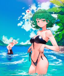 1boy 1girl arm_behind_head arm_up bald bare_arms bare_shoulders bikini black_bikini blue_sky breasts cesar_art456 cloud commentary cowboy_shot day english_commentary flipped_hair green_eyes green_hair heart highleg highleg_bikini highres legs_together looking_at_viewer male_swimwear medium_breasts mountainous_horizon ocean one-punch_man outdoors palm_leaf parted_lips red_swim_trunks saitama_(one-punch_man) shiny_clothes short_hair side-tie_bikini_bottom sky solo_focus speech_bubble spoken_heart standing strapless strapless_bikini swim_trunks swimsuit tatsumaki teeth uneven_eyes wading water