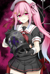 Rule 34 | 1girl, black gloves, black ribbon, black serafuku, black skirt, blood, chain, commentary, cowboy shot, flower, gloves, gradient hair, hair between eyes, hair flower, hair ornament, hair ribbon, hairclip, harusame (kancolle), hat, holding, kantai collection, long hair, multicolored hair, neckerchief, pink eyes, pink flower, pink hair, pleated skirt, red neckerchief, revision, ribbon, rui shi (rayze ray), sailor hat, scar, school uniform, serafuku, shaded face, short sleeves, side ponytail, skirt, solo, tears, torn clothes, torn gloves, white hat