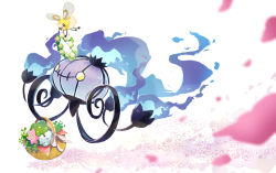 Rule 34 | animal focus, basket, blank eyes, blue fire, blurry, blurry foreground, blush, chandelure, closed mouth, creatures (company), cutiefly, field, fire, floating, flower, flower field, flower wreath, game freak, gen 4 pokemon, gen 5 pokemon, gen 7 pokemon, green eyes, green flower, happy, holding, holding basket, holding wreath, in container, legendary pokemon, light blush, looking at another, looking back, looking up, mythical pokemon, nintendo, no humans, petals, pink flower, pink ribbon, pokemon, pokemon (creature), ribbon, shaymin, shaymin (land), simple background, smile, toneko, white background, white flower, yellow eyes