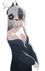 Rule 34 | 1girl, absurdres, black hair, black horns, black kimono, blue archive, breasts, collarbone, demon horns, fangfangtu, flower, grey hair, grey halo, hair flower, hair ornament, halo, highres, horns, japanese clothes, kayoko (blue archive), kayoko (new year) (blue archive), kimono, long hair, long sleeves, medium breasts, multicolored hair, purple flower, red eyes, simple background, solo, upper body, white background, wide sleeves
