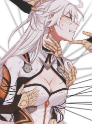 Rule 34 | 1girl, angry, blue eyes, blush, grabbing another&#039;s breast, breasts, cleavage cutout, clenched teeth, clothing cutout, cross, cross earrings, doll joints, earrings, glaring, grabbing, hand on another&#039;s chin, head grab, herrscher of dominance, honkai (series), honkai impact 3rd, jewelry, joints, kiana kaslana, kiana kaslana (herrscher of flamescion), kiana kaslana (white comet), kyoshin9o, long hair, medium breasts, neck grab, solo focus, teeth, white hair