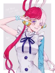 Rule 34 | 1girl, bracelet, buttons, copyright name, dress, hair over one eye, headphones, highres, jewelry, looking at viewer, multicolored hair, neck ribbon, one piece, one piece film: red, purple eyes, purple ribbon, red hair, ribbon, sleeveless, sleeveless dress, smile, solo, tsu yu ne, twintails, two-tone hair, upper body, uta (one piece), v, white dress, white hair