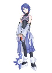 Rule 34 | 1girl, aqua (kingdom hearts), aqua eyes, bare shoulders, blue hair, closed mouth, detached sleeves, full body, highres, keyblade, kingdom hearts, kingdom hearts birth by sleep, melkymelkii, short hair, simple background, sleeves past wrists, smile, solo, standing, white background, white footwear