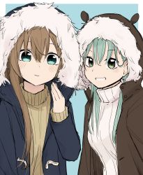 Rule 34 | 2girls, absurdres, alternate costume, animal ears, aqua eyes, aqua hair, blue background, blue eyes, blue jacket, blush, border, brown hair, brown jacket, casual, closed mouth, fur-trimmed hood, fur trim, highres, hood, hoodie, jacket, kantai collection, kumano (kancolle), light brown sweater, long hair, looking at viewer, multiple girls, open mouth, ribbed sweater, spica1476, suzuya (kancolle), sweater, white border, white sweater