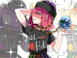 Rule 34 | 1girl, arm behind head, arm up, blush, chain, clothes writing, commentary request, english text, globe, hammer (sunset beach), hat, heart, hecatia lapislazuli, multicolored clothes, multicolored skirt, plaid, plaid skirt, red hair, short hair, skirt, solo, sparkle, touhou, upper body, wavy mouth