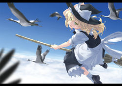 Rule 34 | 1girl, bird, blonde hair, bow, braid, broom, broom riding, cloud, day, female focus, flying, hat, kirisame marisa, letterboxed, long hair, open mouth, rokuwata tomoe, sky, solo, touhou, witch hat, yellow eyes