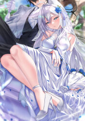 Rule 34 | 1boy, 1girl, absurdres, ahoge, alternate costume, anklet, apple t (ringotyasan), black hair, blue archive, blue eyes, blue flower, blue rose, blurry, bouquet, bridal gauntlets, bridal veil, collarbone, commentary request, depth of field, detached sleeves, dress, extra ears, flower, hair between eyes, hair flower, hair ornament, halo, head tilt, high heels, highres, holding, holding bouquet, jewelry, knees up, leaning on person, leaning to the side, legs, long hair, long sleeves, looking at another, looking at viewer, mismatched pupils, out of frame, outdoors, parted lips, ring, rose, sensei (blue archive), shiroko (blue archive), shiroko terror (blue archive), sidelocks, sitting, sitting on person, strappy heels, veil, wedding dress, wedding ring, white dress, white footwear, white hair