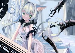 Rule 34 | 1girl, absurdres, animal ear fluff, animal ears, aqa, arknights, cat ears, cat girl, dress, expressionless, floating, floating object, floating weapon, green eyes, highres, long hair, looking at viewer, official alternate costume, parted lips, rosmontis (arknights), rosmontis (become anew) (arknights), see-through, sleeveless, sleeveless dress, solo, wet, wet clothes, wet dress, white dress, white hair