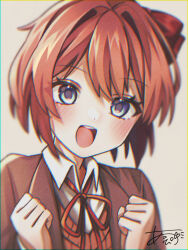 Rule 34 | 1girl, :d, ap51, artist name, blazer, blue eyes, blush, bow, brown jacket, brown sweater vest, clenched hands, close-up, commentary, doki doki literature club, dress shirt, excited, hair between eyes, hair bow, hair intakes, hands on own chest, jacket, looking at viewer, neck ribbon, open mouth, portrait, red bow, red ribbon, ribbon, sayori (doki doki literature club), school uniform, shirt, short hair, signature, smile, sweater vest, white shirt