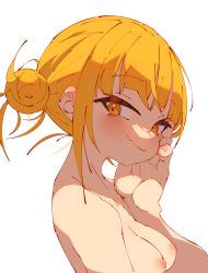 Rule 34 | 1girl, backlighting, blonde hair, blunt bangs, blush, boku no hero academia, breasts, completely nude, cropped torso, double bun, from side, hair bun, highres, messy hair, nipples, nude, rasusurasu, sidelocks, simple background, slit pupils, small breasts, solo, toga himiko, upper body, white background, yellow eyes