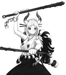 Rule 34 | 1girl, breasts, broken, broken chain, chain, chain, closed mouth, club, club (weapon), cuffs, dual wielding, earrings, fighting stance, greyscale, hair ornament, hair stick, hand up, holding, hoop earrings, jewelry, kanabou, large breasts, long hair, looking at viewer, monochrome, one piece, oni, simple background, skirt, solo, spiked club, standing, weapon, white background, yamato (one piece), yoako