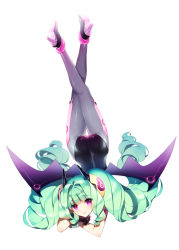 Rule 34 | 1girl, aqua hair, ass, bad id, bad pixiv id, black gloves, cherrypin, drill hair, gloves, high heels, long hair, looking at viewer, original, pantyhose, purple eyes, shoes, smile, solo, twintails, upside-down, very long hair, white background, wings