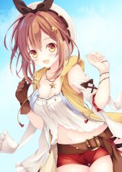 Rule 34 | 1girl, :d, atelier (series), atelier ryza, atelier ryza 1, belt, belt buckle, beret, blue sky, blush, bow, bow shorts, bracelet, breasts, brown belt, brown bow, brown eyes, brown gloves, brown hair, buckle, camisole, cleavage, cloud, cloudy sky, commentary request, cowboy shot, crop top, cross-laced clothes, cross-laced sleeves, curled fingers, detached sleeves, dot nose, drawstring, eyelashes, fang, flower, gloves, hair flower, hair ornament, hairclip, hat, hat bow, highres, hiryuu kanon, hood, hood down, hooded jacket, jacket, jewelry, large bow, large breasts, leaning forward, leather belt, looking at viewer, midriff, navel, necklace, open clothes, open jacket, open mouth, red bow, red shorts, reisalin stout, short hair, short shorts, shorts, single glove, sky, sleeve bow, sleeveless, sleeveless jacket, smile, solo, star (symbol), star necklace, swept bangs, tassel, thigh gap, thighs, thighs together, white camisole, white hat, yellow jacket