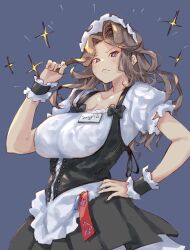 Rule 34 | 1girl, apron, black bow, black skirt, black vest, blue background, bow, breasts, brown hair, buttons, character name, cleavage, closed mouth, collarbone, cowboy shot, dress, frilled sleeves, frilled wrist cuffs, frills, frown, goddess of victory: nikke, hand on own hip, hand up, highres, holding own hair, ingrid (nikke), large breasts, long hair, looking at viewer, maid, maid apron, maid headdress, parted bangs, pleated skirt, puffy short sleeves, puffy sleeves, short sleeves, shun hayakawa, simple background, skirt, solo, sparkle, standing, vest, white dress, wrist cuffs