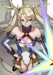 Rule 34 | 1girl, absurdres, bare shoulders, blonde hair, blue eyes, bradamante (fate), bradamante (first ascension) (fate), braid, breasts, cleavage, commentary, covered navel, elbow gloves, fate/grand order, fate (series), french braid, gloves, hair ornament, halterneck, highleg, highleg leotard, highres, leotard, long hair, thigh strap, twintails, very long hair, yoshio (55level)