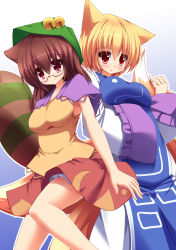 Rule 34 | 2girls, :o, animal ears, bell, blonde hair, blouse, breast rest, breasts, brown hair, capelet, fox ears, fox tail, futatsuiwa mamizou, glasses, gradient background, hands in opposite sleeves, highres, impossible clothes, impossible shirt, jingle bell, leaf, leaf on head, light smile, liya, looking at viewer, medium breasts, multiple girls, multiple tails, no headwear, object on head, petticoat, raccoon ears, raccoon tail, red eyes, semi-rimless eyewear, shirt, short hair, simple background, skirt, tabard, tail, touhou, under-rim eyewear, yakumo ran