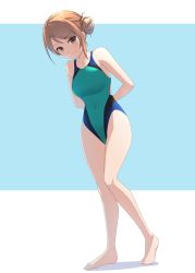 Rule 34 | 1girl, aqua one-piece swimsuit, arms behind back, breasts, brown eyes, brown hair, commentary request, competition swimsuit, full body, hair bun, highres, hojo karen, idolmaster, idolmaster cinderella girls, leaning forward, medium breasts, one-piece swimsuit, pataneet, side bun, single hair bun, single side bun, solo, swimsuit, two-tone swimsuit