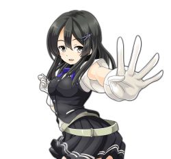 Rule 34 | 10s, 1girl, :d, black hair, bow, bowtie, commentary request, gloves, grey eyes, hair ornament, hairpin, kantai collection, long hair, looking at viewer, open mouth, oyashio (kancolle), pleated skirt, school uniform, simple background, skirt, smile, solo, tk8d32, vest, white background, white gloves