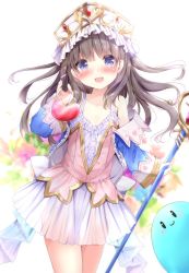 Rule 34 | 1girl, arm up, atelier (series), atelier totori, blue eyes, blue sleeves, blush, bottle, brown hair, detached sleeves, hat, highres, kouda suzu, long hair, monster, open mouth, pink shirt, potion, see-through, see-through silhouette, shirt, skirt, slime (creature), smile, solo, staff, totooria helmold, weapon, white hat, white shirt, white skirt