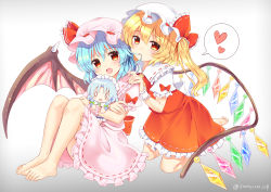 Rule 34 | 0 0, 2girls, absurdres, artist name, ascot, barefoot, bat wings, blonde hair, blue hair, blush, bow, braid, character doll, commentary request, crystal, doll, dress, fang, feet, flandre scarlet, frilled bow, frilled ribbon, frilled shirt collar, frills, full body, gradient background, green bow, grey background, hair between eyes, hair bow, hair in own mouth, hand on another&#039;s shoulder, hat, hat bow, hat ribbon, head tilt, heart, highres, holding, holding doll, izayoi sakuya, kneeling, knees up, long hair, looking at viewer, maid, maid headdress, miniskirt, mob cap, mouth hold, multiple girls, one side up, open mouth, petticoat, pink dress, pink headwear, puffy short sleeves, puffy sleeves, ramudia (lamyun), red bow, red eyes, red ribbon, red skirt, red vest, remilia scarlet, ribbon, ribbon-trimmed collar, ribbon-trimmed dress, ribbon trim, shirt, short hair, short sleeves, siblings, silver hair, sisters, skin fang, skirt, skirt set, smile, spoken heart, touhou, twin braids, twitter username, vest, white headwear, white shirt, wings, wrist cuffs, yellow ascot
