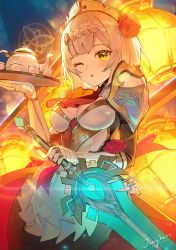 Rule 34 | 1girl, ;o, apron, armor, backlighting, black dress, braid, breastplate, breasts, claymore (sword), cleavage, combat maid, dress, gauntlets, genshin impact, glowing, glowing weapon, greatsword, headdress, highres, holding, holding sword, holding weapon, janyhero, lantern, looking at viewer, maid, maid apron, medium breasts, noelle (genshin impact), one eye closed, paper lantern, parted lips, reverse grip, short hair, shoulder armor, silver hair, solo, pauldrons, sword, teapot, tray, weapon, yellow eyes