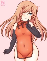 Rule 34 | 1girl, alternate costume, artist logo, black gloves, blue eyes, breasts, china dress, chinese clothes, commentary request, covered navel, dated, dress, elbow gloves, eyebrows hidden by hair, gloves, groin, index finger raised, kanon (kurogane knights), kantai collection, long hair, one eye closed, orange dress, orange hair, parted lips, pink background, salmon (kancolle), simple background, small breasts, smile, solo