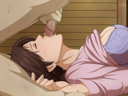 Rule 34 | 1boy, 1girl, blush, bra, breasts, brown hair, censored, cleavage, closed eyes, clothed female nude male, clothes lift, cum, cum in mouth, fellatio, hair bun, head out of frame, hetero, hikaru no go, indoors, kneeling, large breasts, legs, long sleeves, lying, mature female, mosaic censoring, negurie, nude, on back, oral, penis, rape, saliva, shindou mitsuko, shirt lift, single hair bun, solo focus, straddling fellatio, sweat, thighs, ugly man, underwear
