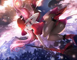 Rule 34 | 1girl, a-line, armpits, ass, bare shoulders, bat wings, blue eyes, broom, broom riding, capelet, cloud, flying, fur trim, glasses, grin, hat, high heels, highres, long hair, mountain, pantyhose, pink hair, salute, smile, snow, solo, torn clothes, torn pantyhose, wings, witch, witch hat