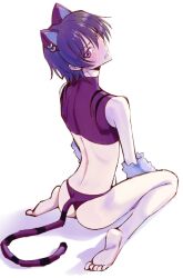 Rule 34 | 1boy, animal ears, animal hands, barefoot, blush, brown hair, cat ears, cat paws, cat tail, code geass, feet, from above, highres, hougu cg, kneeling, lelouch vi britannia, male focus, midriff, on ground, purple eyes, skinny, solo, tail