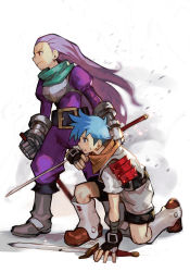 Rule 34 | 2boys, armor, blue eyes, blue hair, bodysuit, boots, breath of fire, breath of fire iii, capcom, clenched teeth, hungry clicker, kneeling, long hair, looking to the side, multiple boys, on one knee, purple bodysuit, purple hair, red eyes, ryuu (breath of fire iii), serious, short hair, simple background, sweatdrop, sword, teepo, teeth, weapon, white background