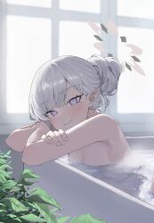 Rule 34 | 1girl, alternate hairstyle, arm support, armpits, bathtub, blue archive, blunt bangs, blurry, breasts, cleavage, commentary request, completely nude, crossed arms, depth of field, hair bun, halo, highres, himari (blue archive), in water, indoors, long hair, looking at viewer, mole, mole under eye, nude, plant, pointy ears, purple eyes, sidelocks, single hair bun, sleeveless, small breasts, solo, taisaka sab, white hair, window