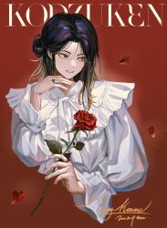 Rule 34 | 1boy, black hair, blonde hair, bow, bowtie, collared shirt, commentary, cropped torso, fingernails, flower, frilled shirt collar, frilled sleeves, frills, gradient hair, haikyuu!!, hair bun, hand on own chin, highres, holding, holding flower, if they mated, jewelry, light particles, long hair, long sleeves, looking to the side, male focus, multicolored hair, open mouth, petals, puffy long sleeves, puffy sleeves, red background, red flower, red rose, ring, rose, rose petals, shirt, signature, simple background, single hair bun, smile, socks, teeth, tuuuuuututu, white bow, white bowtie, white shirt, yellow eyes