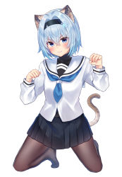 Rule 34 | 1girl, animal ears, black hairband, black skirt, blue eyes, blue hair, blue neckwear, blush, brown pantyhose, cat ears, cat girl, cat tail, commentary request, full body, gyozanuko, hair between eyes, hair ornament, hairband, hands up, highres, kemonomimi mode, long sleeves, looking at viewer, pantyhose, parted lips, pleated skirt, ryuuou no oshigoto!, sailor collar, school uniform, serafuku, shirt, simple background, skirt, snowflake hair ornament, solo, sora ginko, tail, tail raised, v-shaped eyebrows, white background, white sailor collar, white shirt