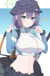 Rule 34 | 1girl, aqua eyes, bag, belt, belt pouch, black hat, blue archive, breasts, bucket hat, closed mouth, crop top, duffel bag, expressionless, grey hair, halo, hands up, hat, highres, kinona, large breasts, long sleeves, looking at viewer, midriff, navel, official alternate costume, pouch, raglan sleeves, saki (blue archive), saki (swimsuit) (blue archive), shirt, short hair, solo, stomach, upper body, watch, white shirt, wristwatch