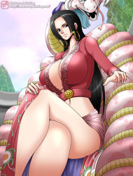 Rule 34 | black hair, boa hancock, breasts, curvy, earrings, highres, jewelry, jpeg artifacts, large breasts, mokusa, one piece, resized